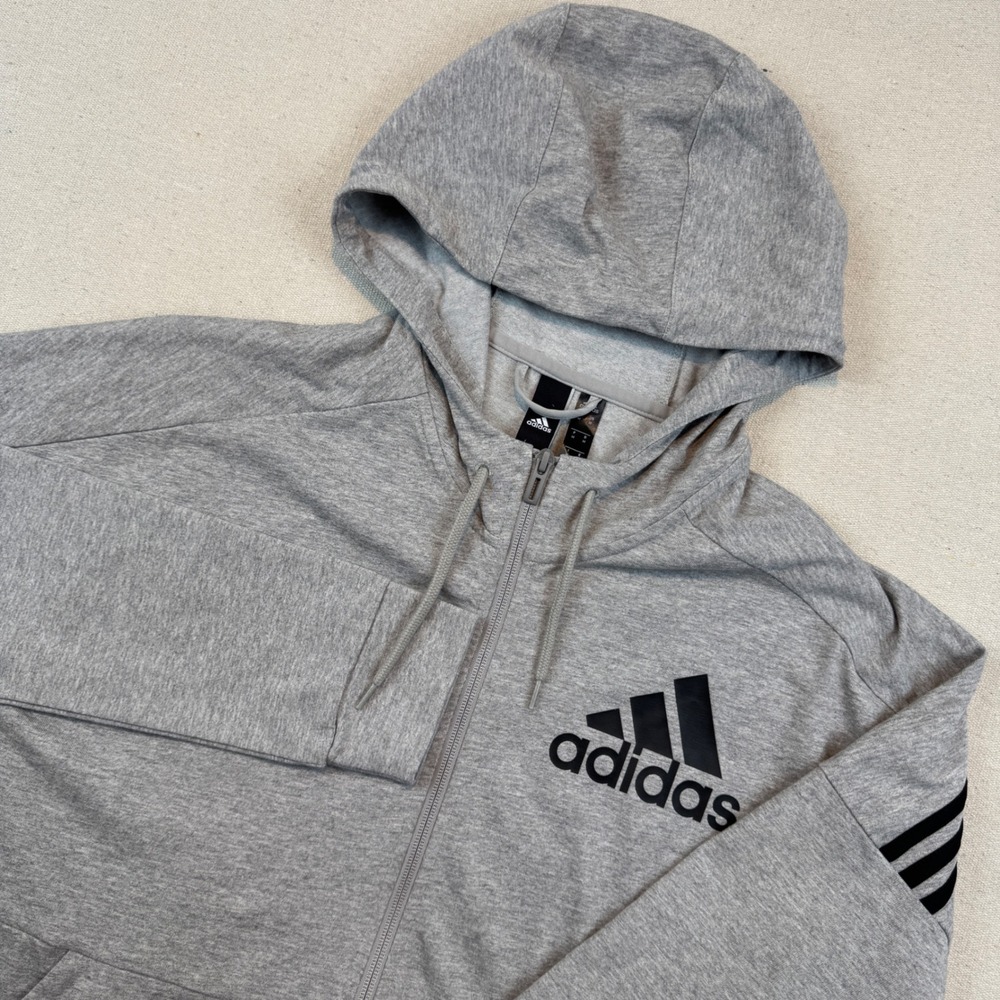 Adidas Mens Full Zip Hoodie Size Medium Heather Grey Logo 3-Stripe Sweatshirt